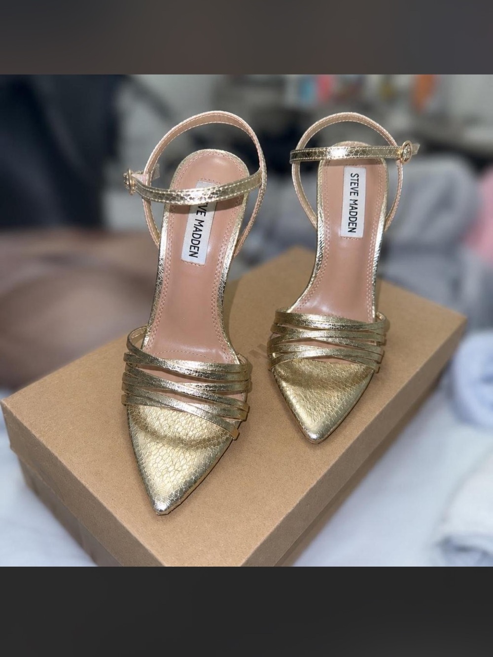 Steve Madden Metallic Gold Pointed-Strap Ankle Strap Heels
